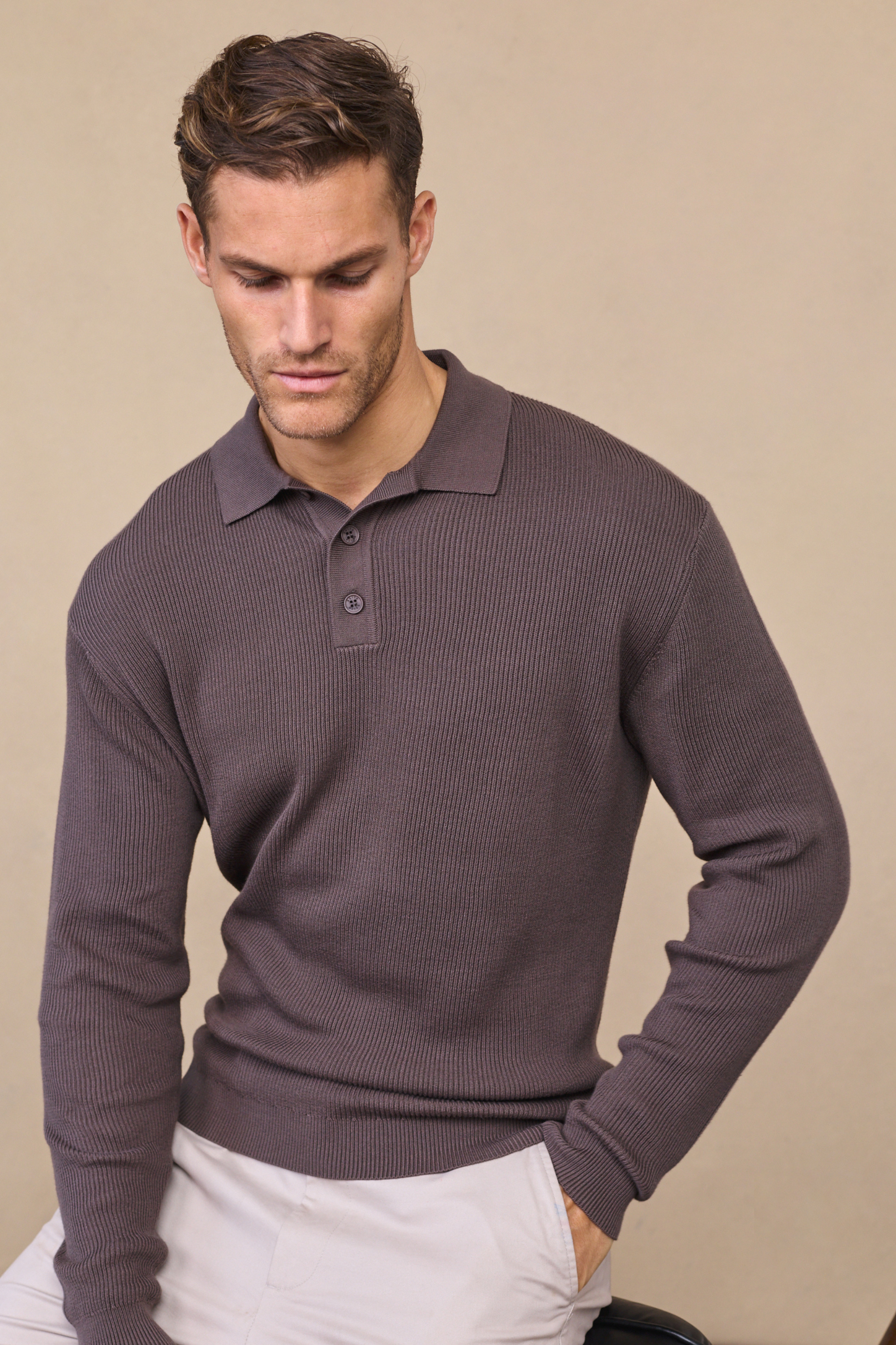 Angus Ribbed Polo - Mushroom