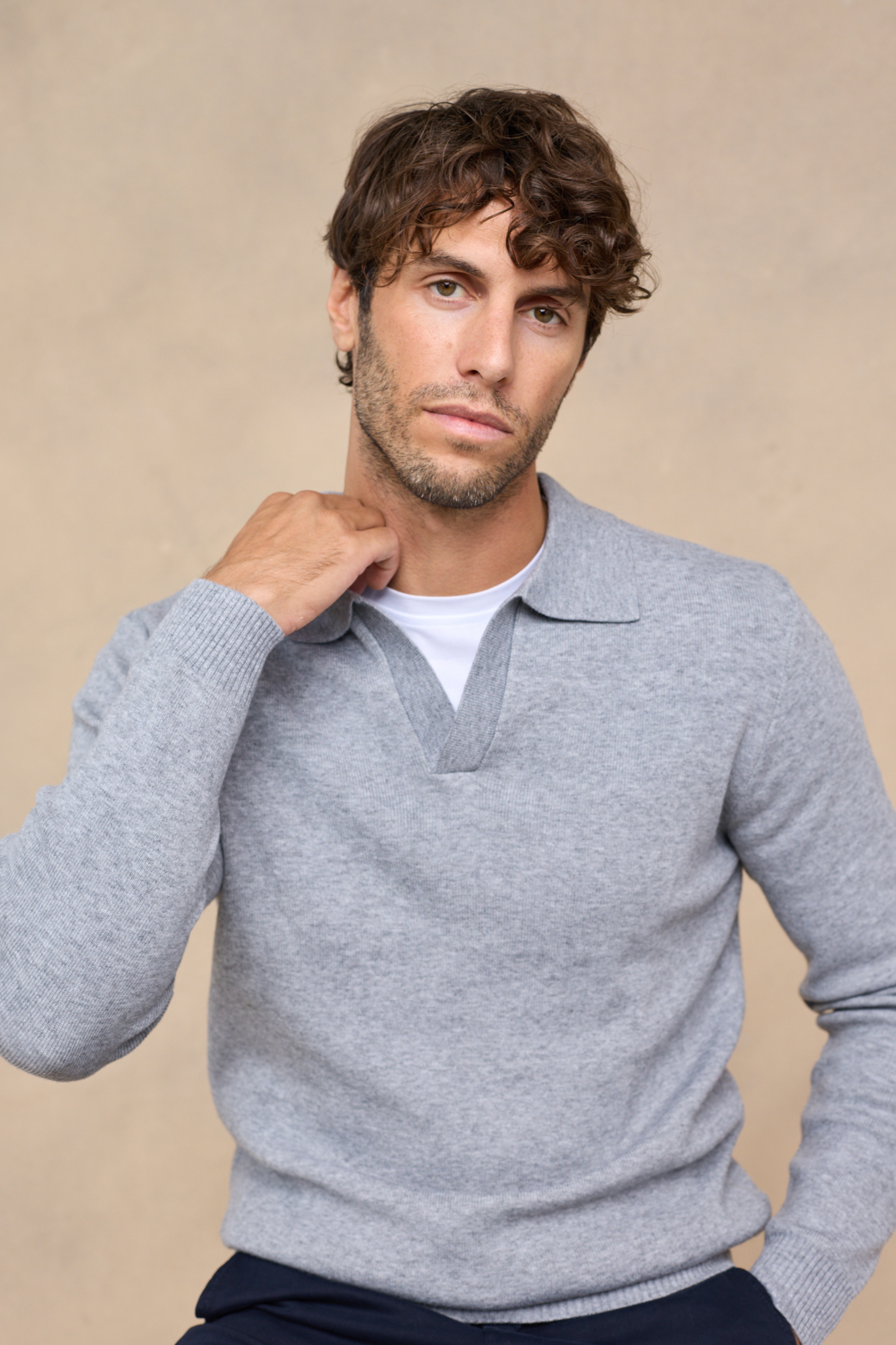 Lennon Open Collar Polo - Grey Marl