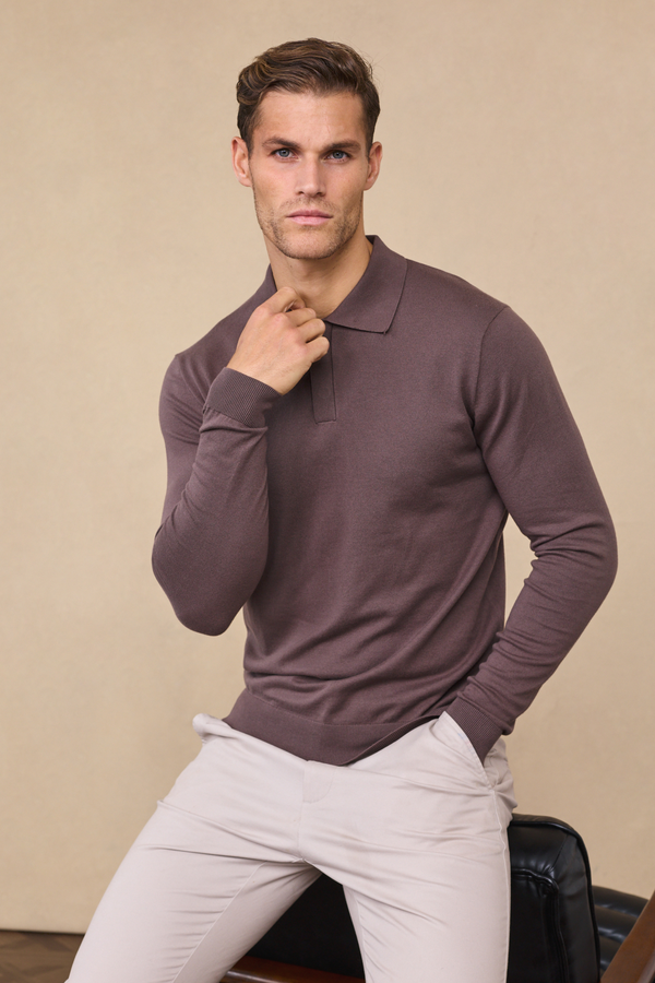 Andre Long Sleeve Button Polo - Mocha