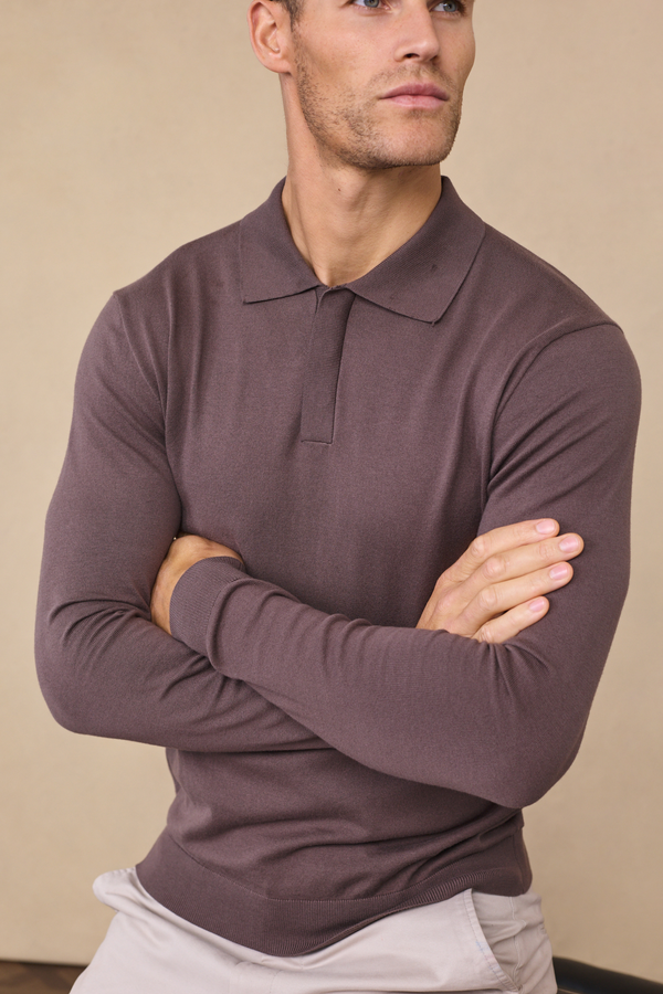 Andre Long Sleeve Button Polo - Mocha
