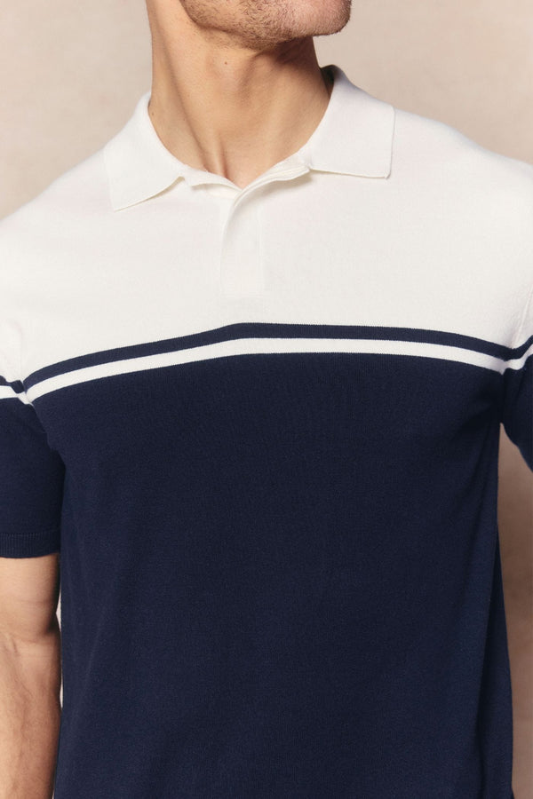 Vicolo Gestricktes Poloshirt mit Streifenmuster, kurzärmelig – Marineblau/Sand