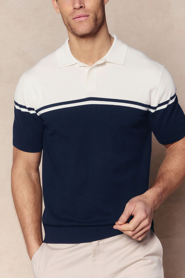 Vicolo Gestricktes Poloshirt mit Streifenmuster, kurzärmelig – Marineblau/Sand