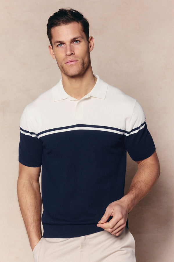 Vicolo Gestricktes Poloshirt mit Streifenmuster, kurzärmelig – Marineblau/Sand