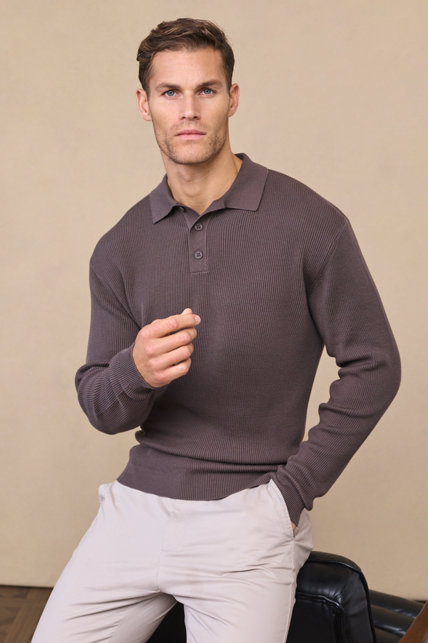 Angus Ribbed Polo - Mushroom