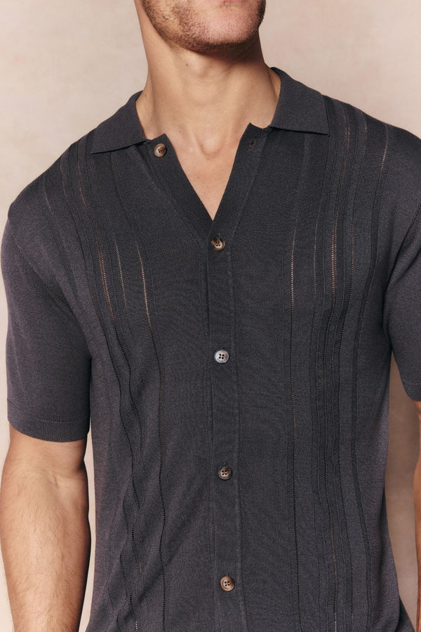 Juan Button Thru Boucle Knit Striped Polo - Mushroom