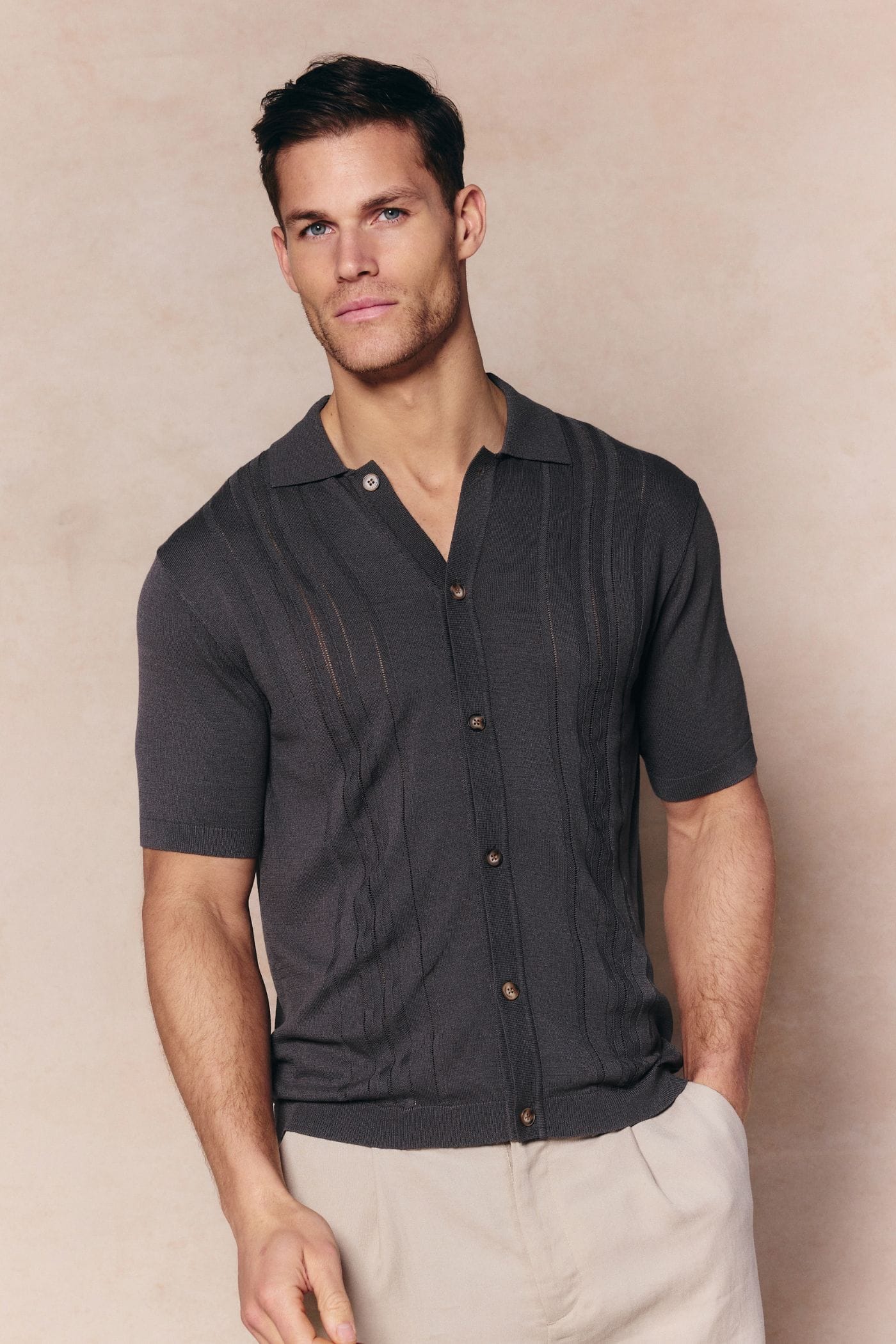 Juan Button Thru Boucle Knit Striped Polo - Mushroom