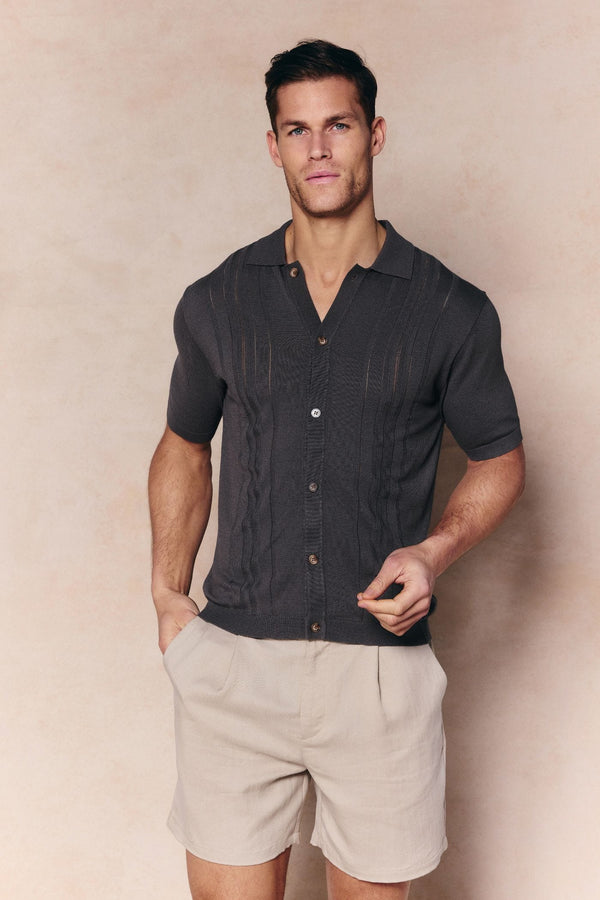 Juan Button Thru Boucle Knit Striped Polo - Mushroom