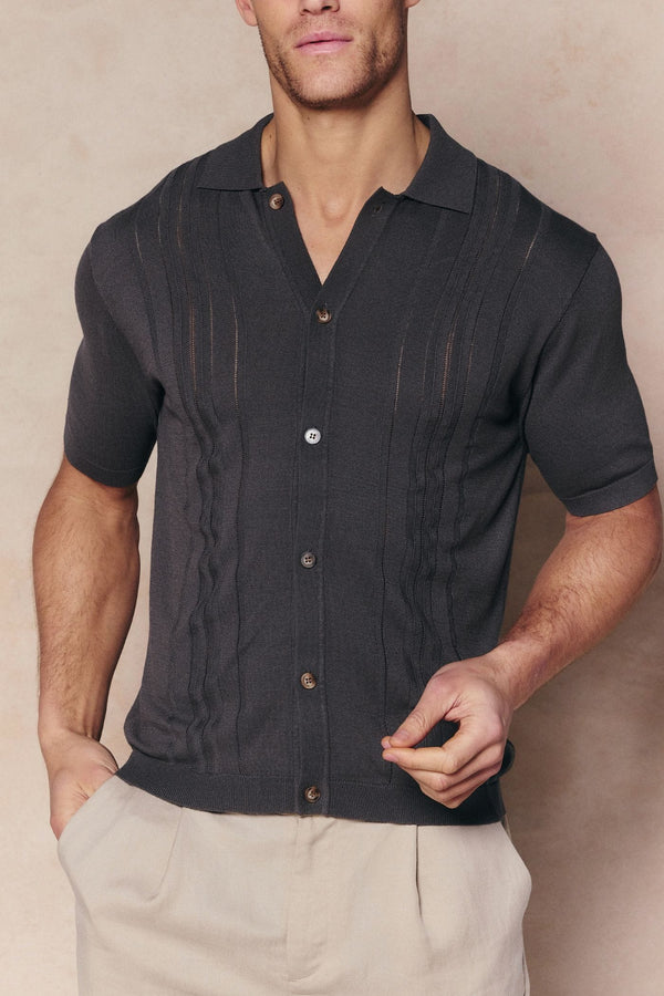 Juan Button Thru Boucle Knit Striped Polo - Mushroom