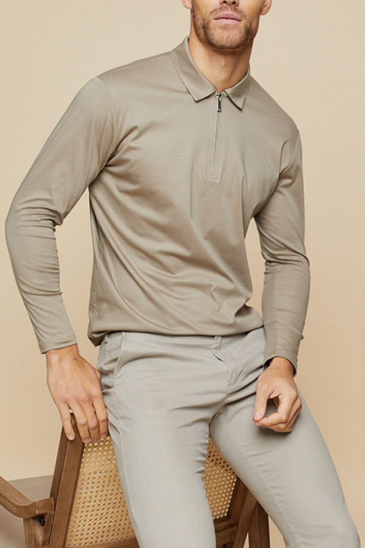 Luxe Mercerised Long Sleeve Zip Polo Shirt - Sand