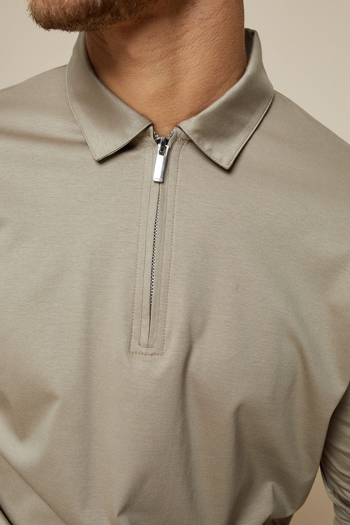 Luxe Mercerised Long Sleeve Zip Polo Shirt - Sand