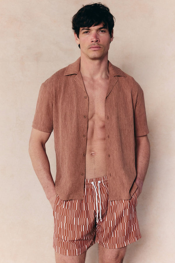 Gabriel Crinkled Tencel Short Sleeve Shirt - Rust
