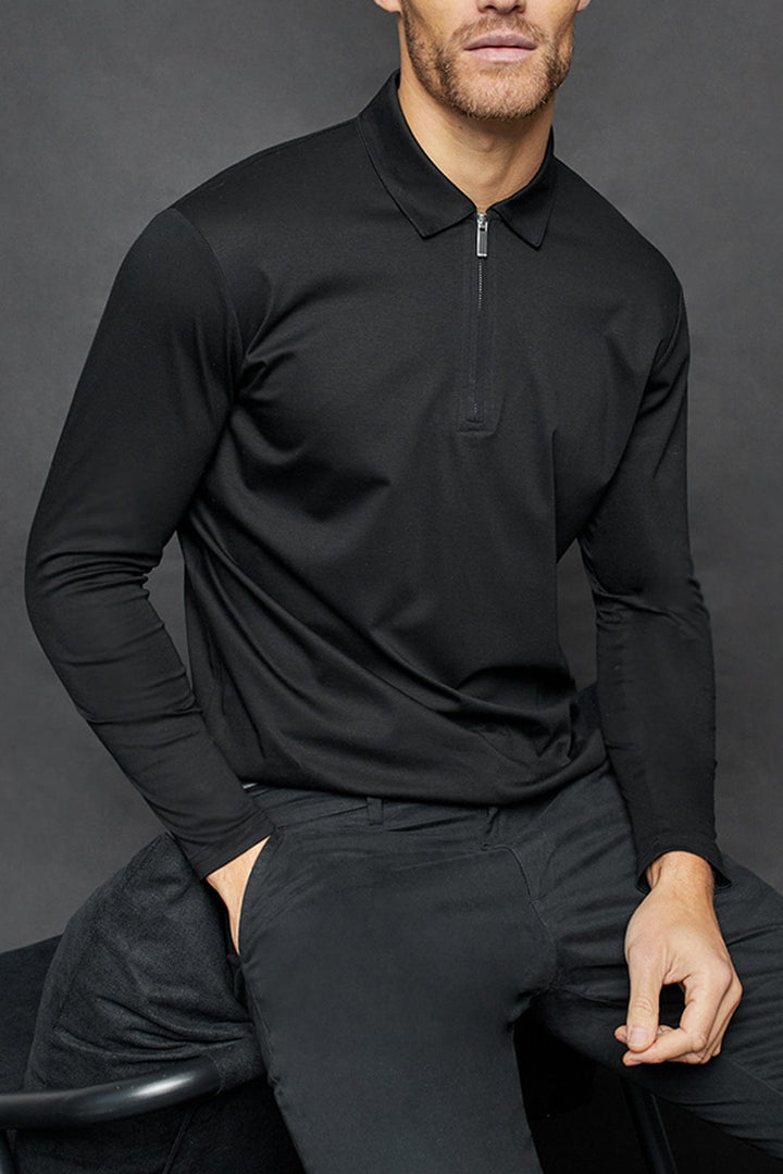 Luxe Mercerised Long Sleeve Zip Polo Shirt - Black