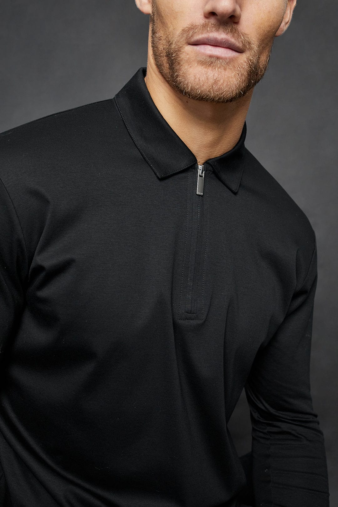 Luxe Mercerised Long Sleeve Zip Polo Shirt - Black