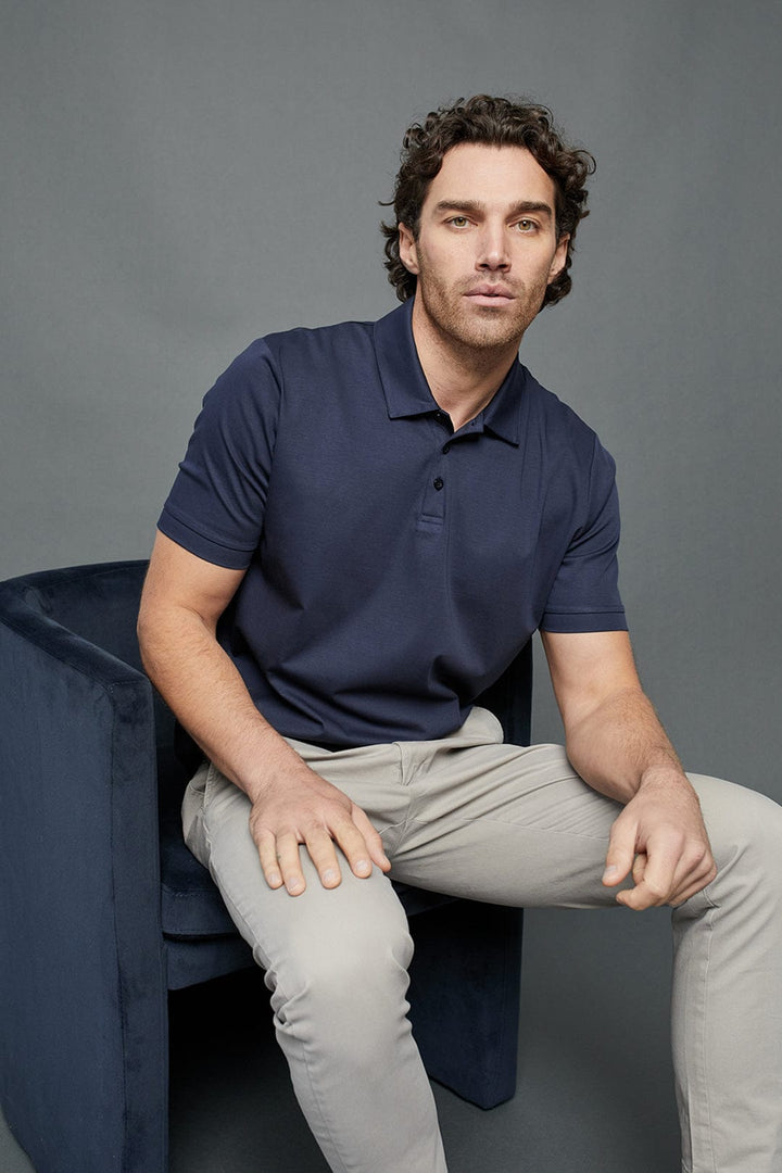 Luxe Mercerised Button Polo Shirt - Navy
