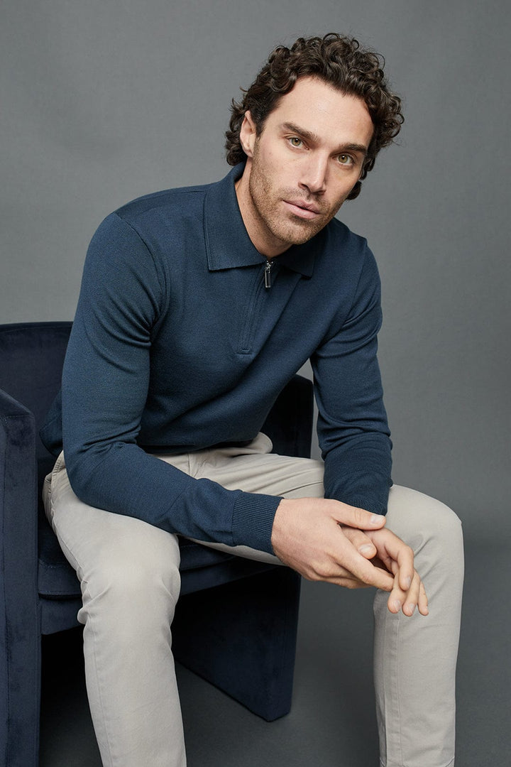 KNITTED LONG SLEEVE ZIP POLO SHIRT - MIDNIGHT BLUE