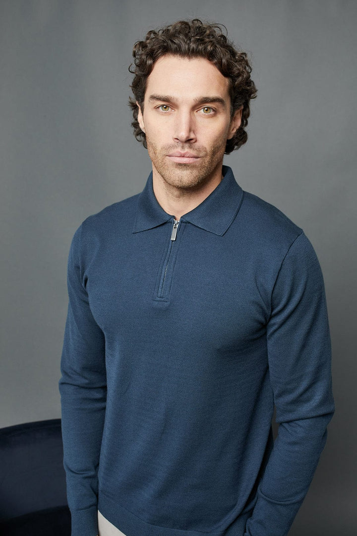 KNITTED LONG SLEEVE ZIP POLO SHIRT - MIDNIGHT BLUE
