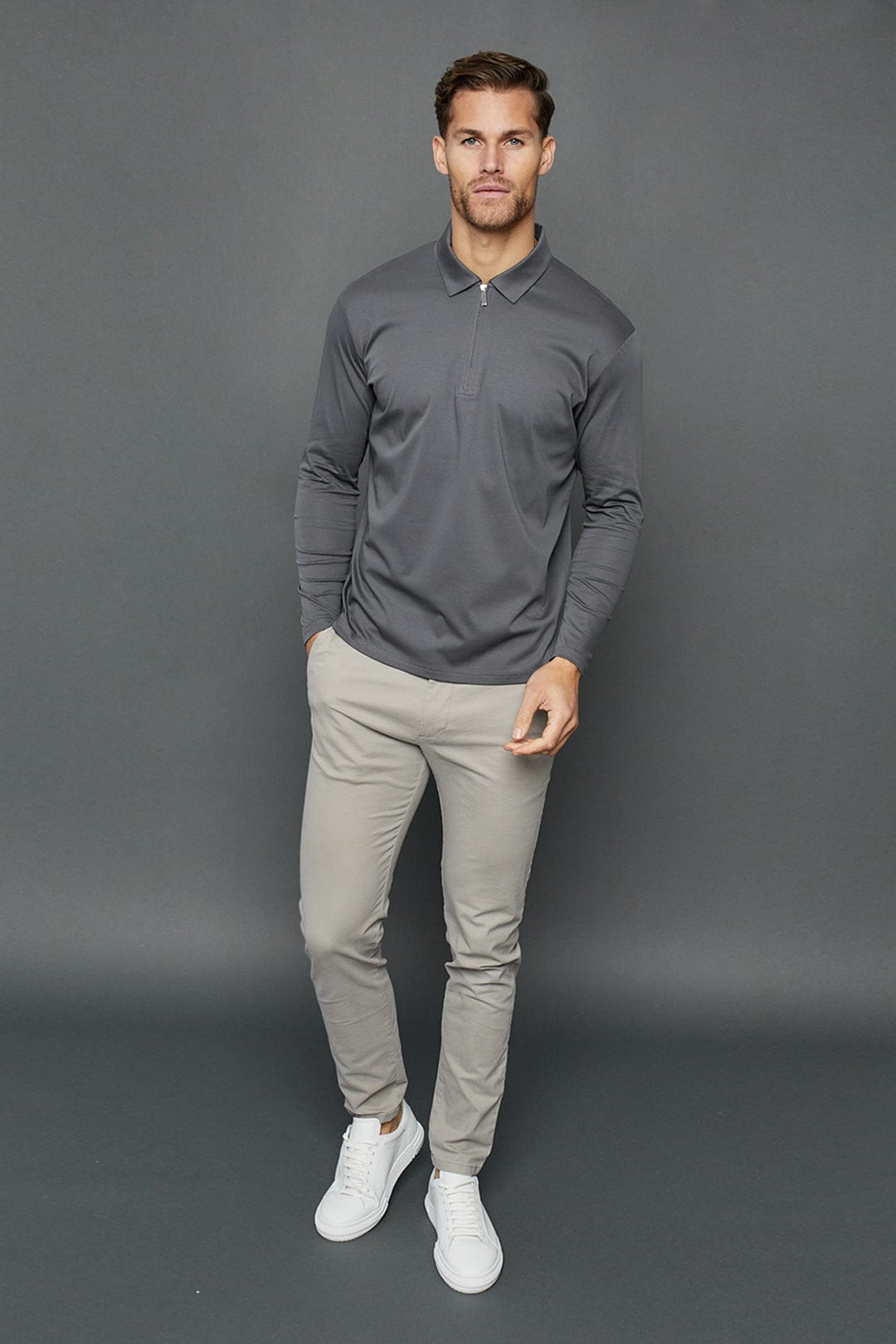 Luxe Mercerised Long Sleeve Zip Polo Shirt - Charcoal