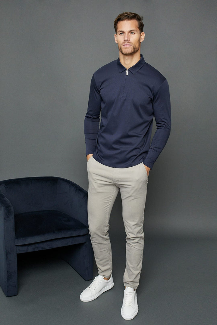 Luxe Mercerised Long Sleeve Zip Polo Shirt - Navy