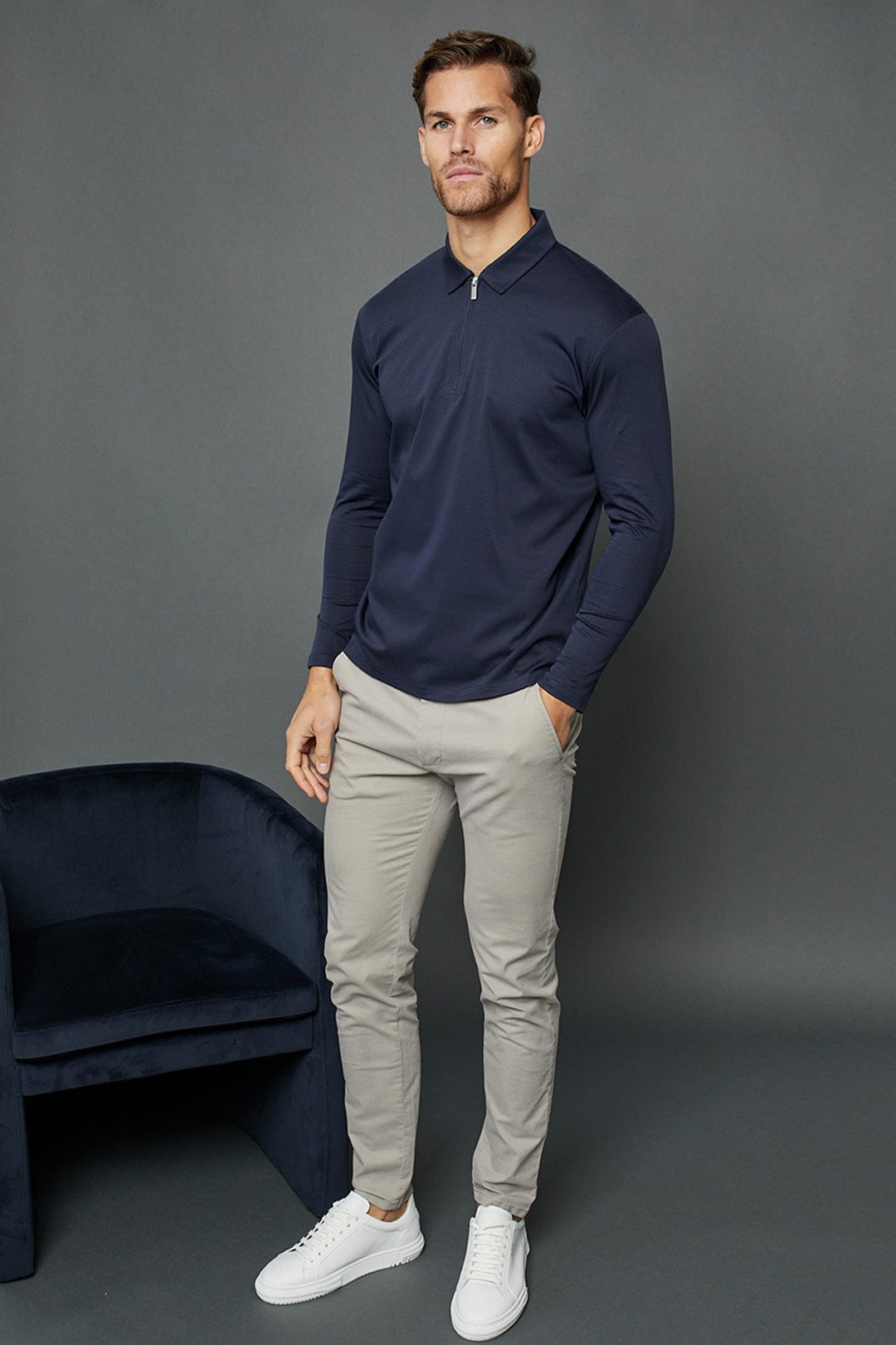 Luxe Mercerised Long Sleeve Zip Polo Shirt - Navy