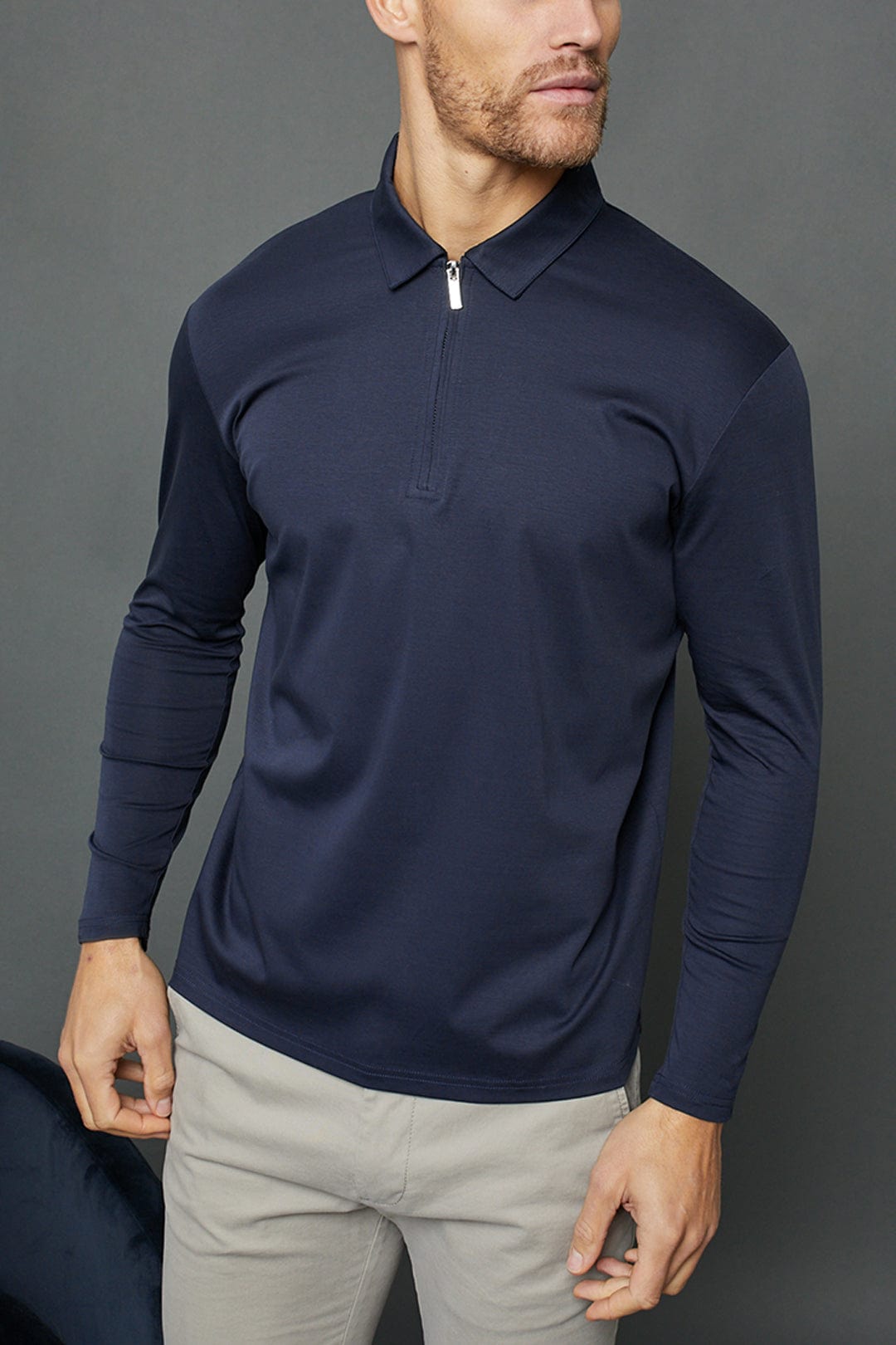 Luxe Mercerised Long Sleeve Zip Polo Shirt - Navy