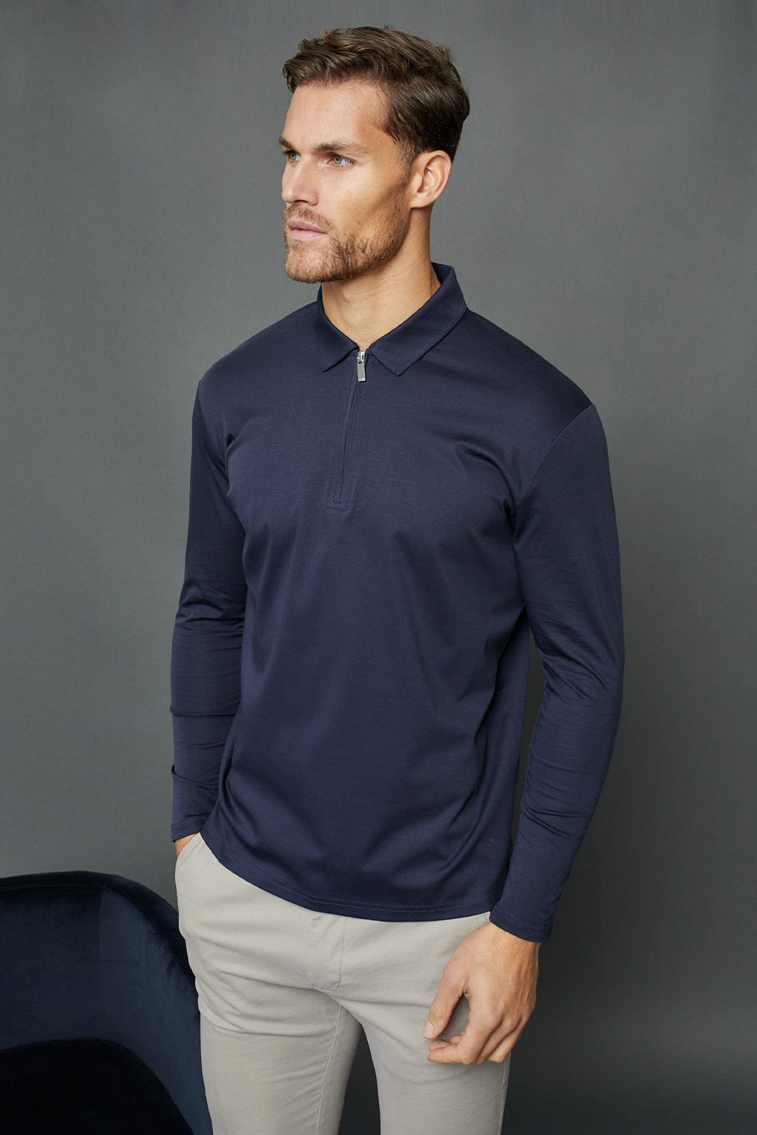 Luxe Mercerised Long Sleeve Zip Polo Shirt - Navy