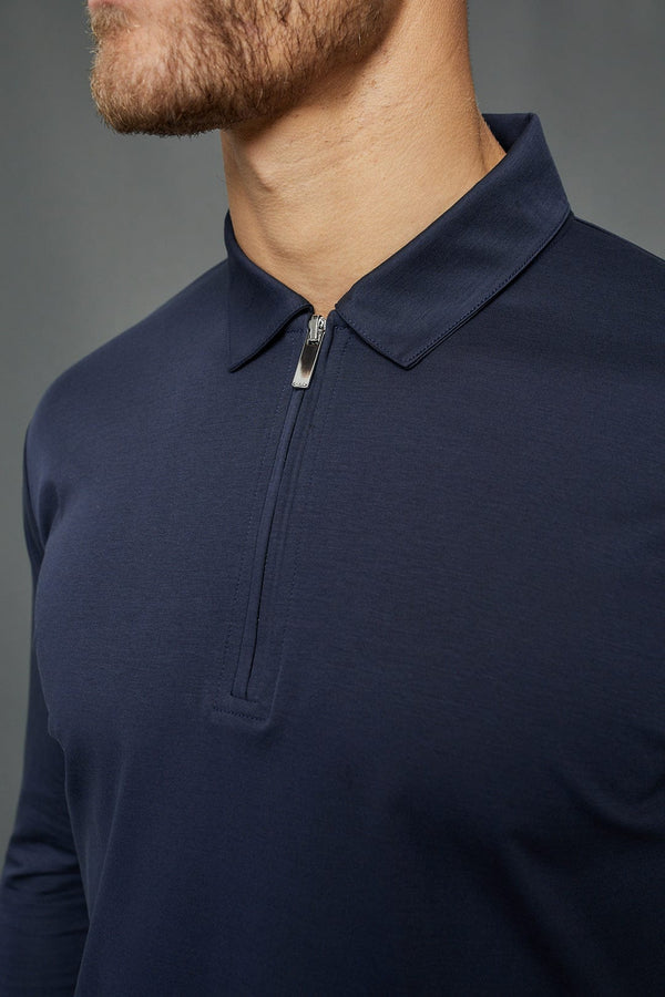 Luxe Mercerised Long Sleeve Zip Polo Shirt - Navy