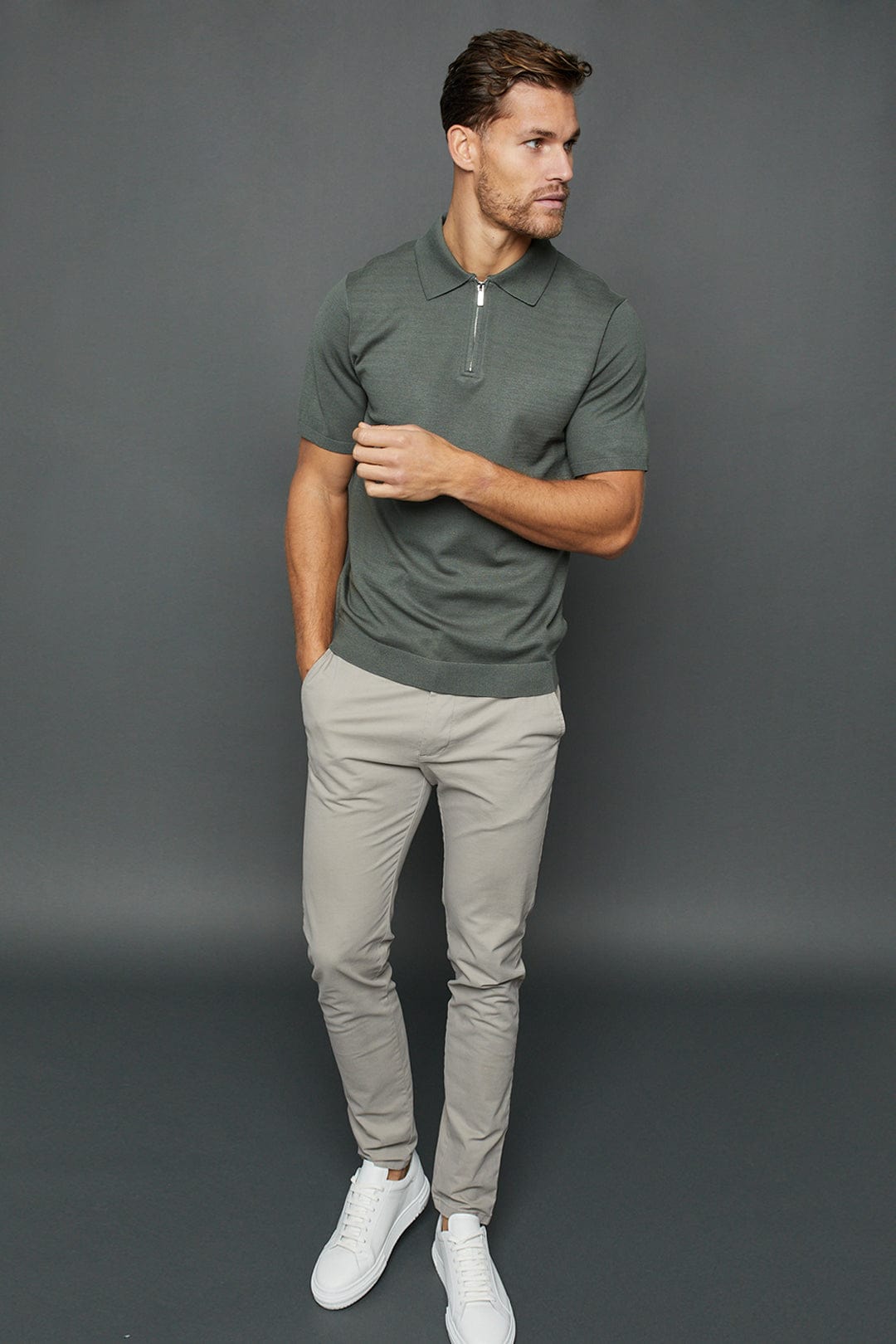 Llana Knitted Zip Polo - Sage Green