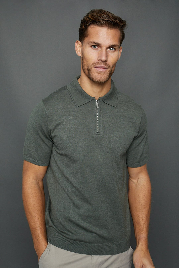 Llana Knitted Zip Polo - Sage Green