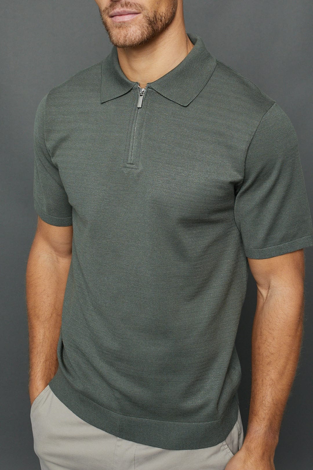 Llana Knitted Zip Polo - Sage Green