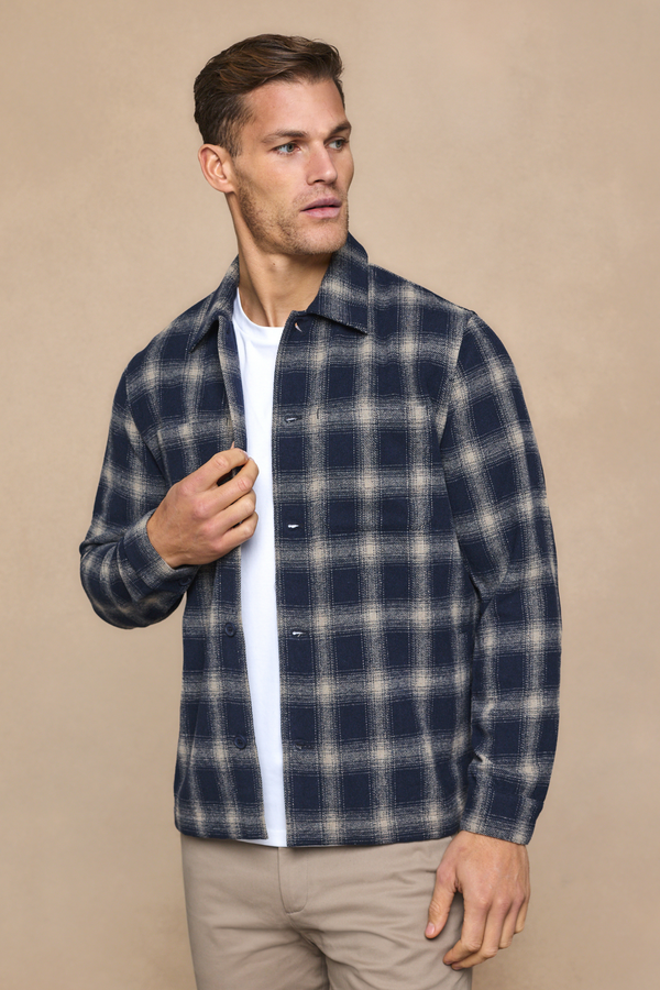 Vienna Wool Checked Overshirt - Navy/Ivory
