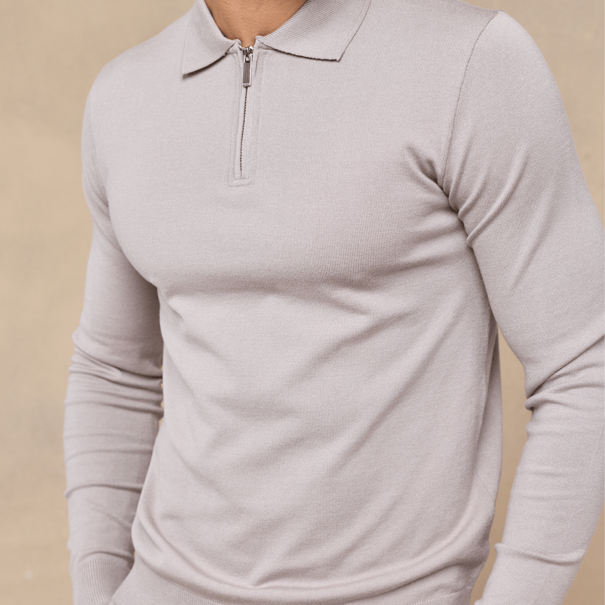 Knitted Long Sleeve Zip Polo Shirt - Warm Grey