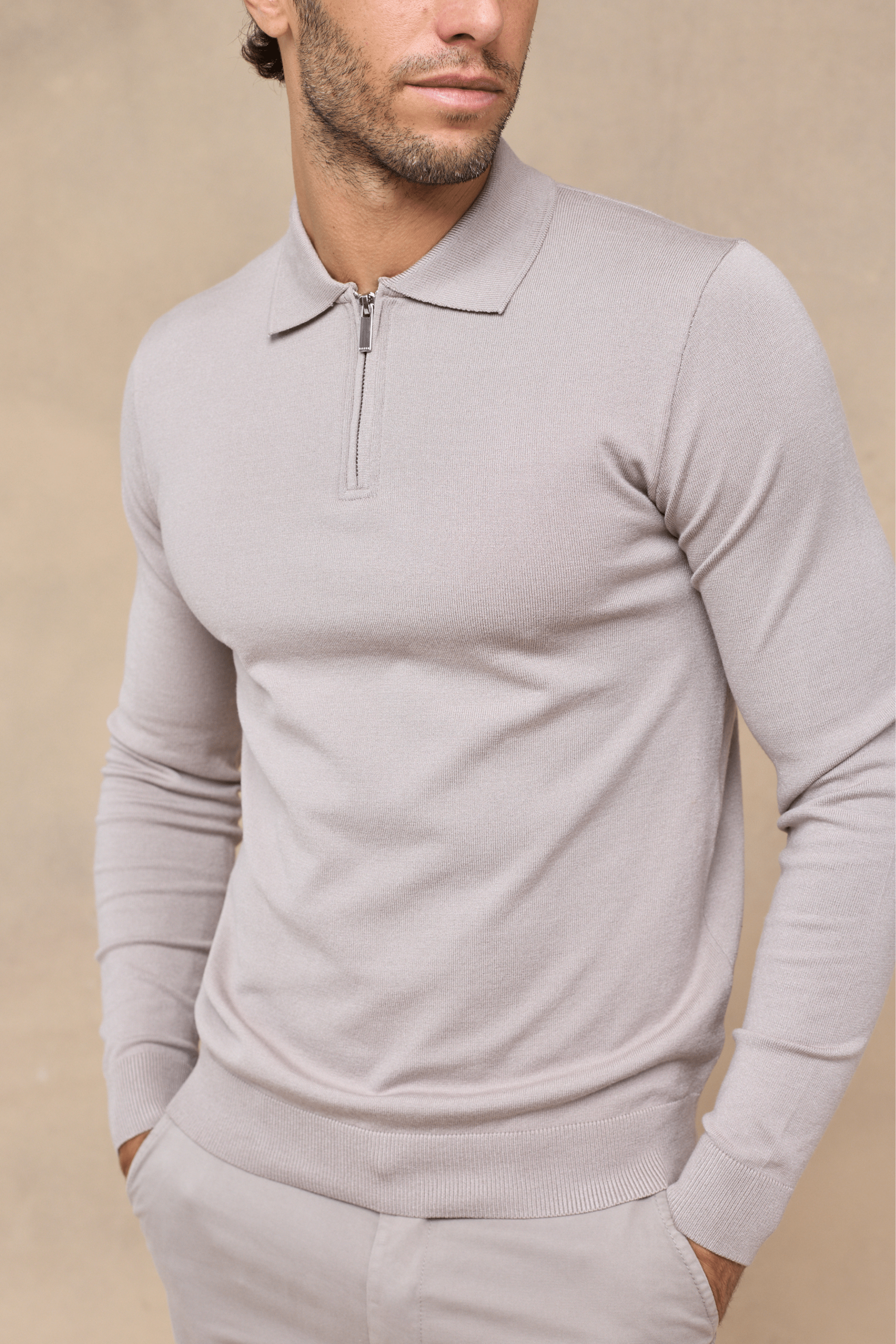 Knitted Long Sleeve Zip Polo Shirt - Warm Grey Knitted Long Sleeve Zip Polo Shirt - Warm Grey