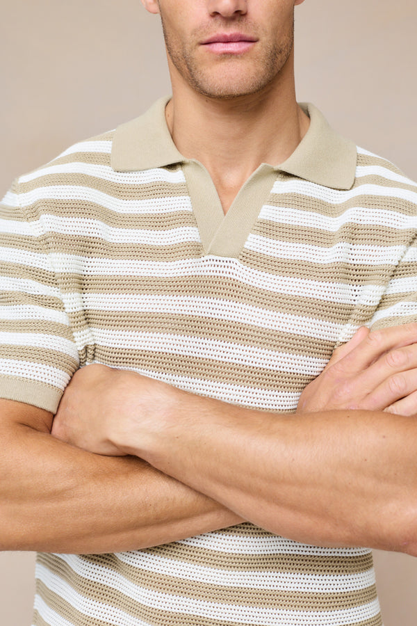 Lattolo Striped Knit Polo Shirt - Ecru/Beige