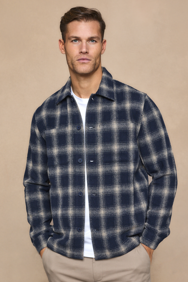 Vienna Wool Checked Overshirt - Navy/Ivory