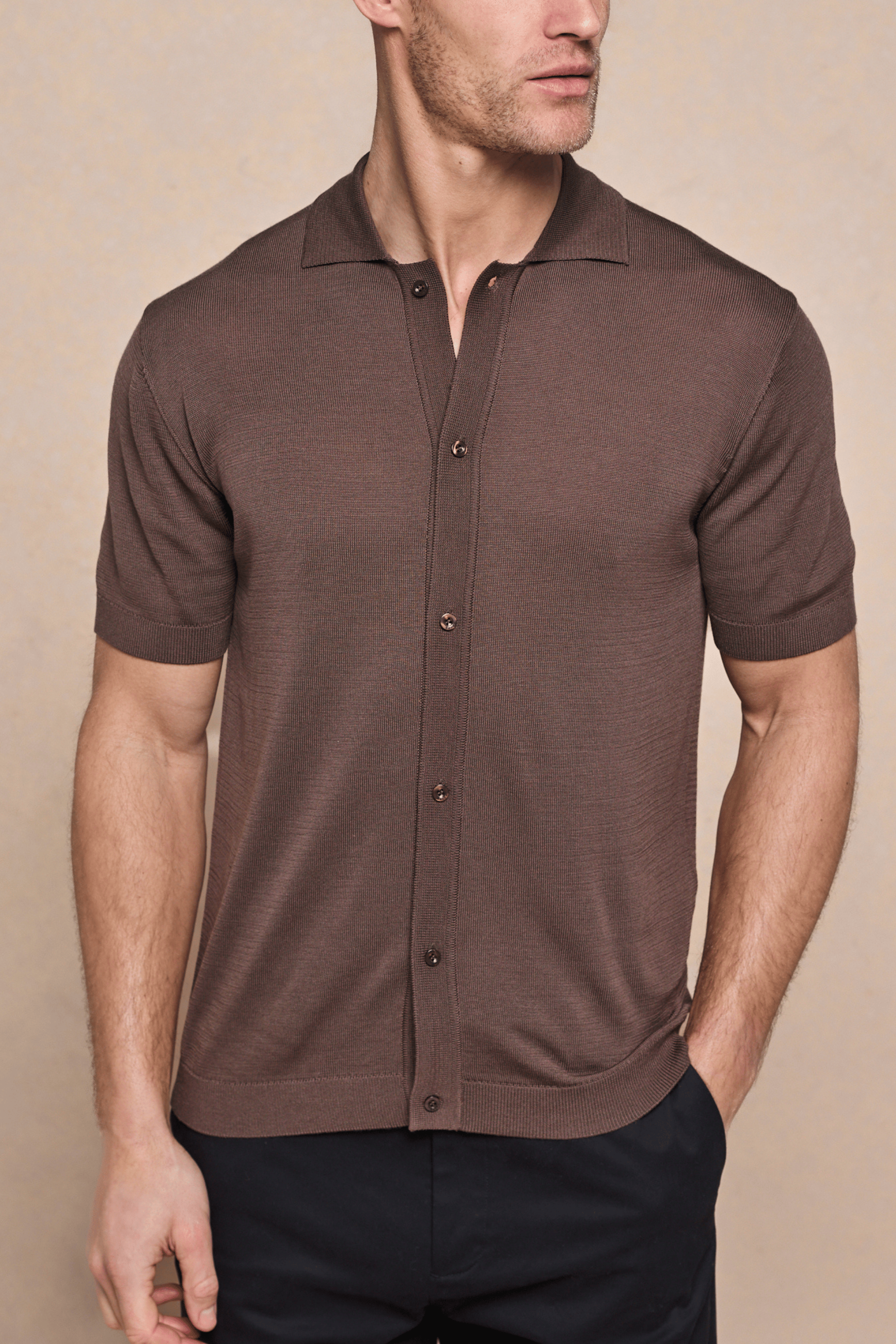 Pedro Button Through Short Sleeve Knitted Shirt - Brown