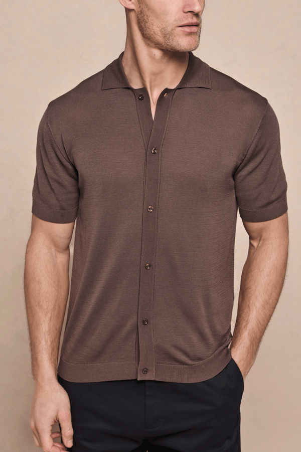 Pedro Button Through Short Sleeve Knitted Shirt - Brown
