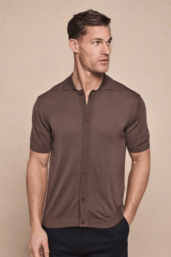 Pedro Button Through Short Sleeve Knitted Shirt - Brown