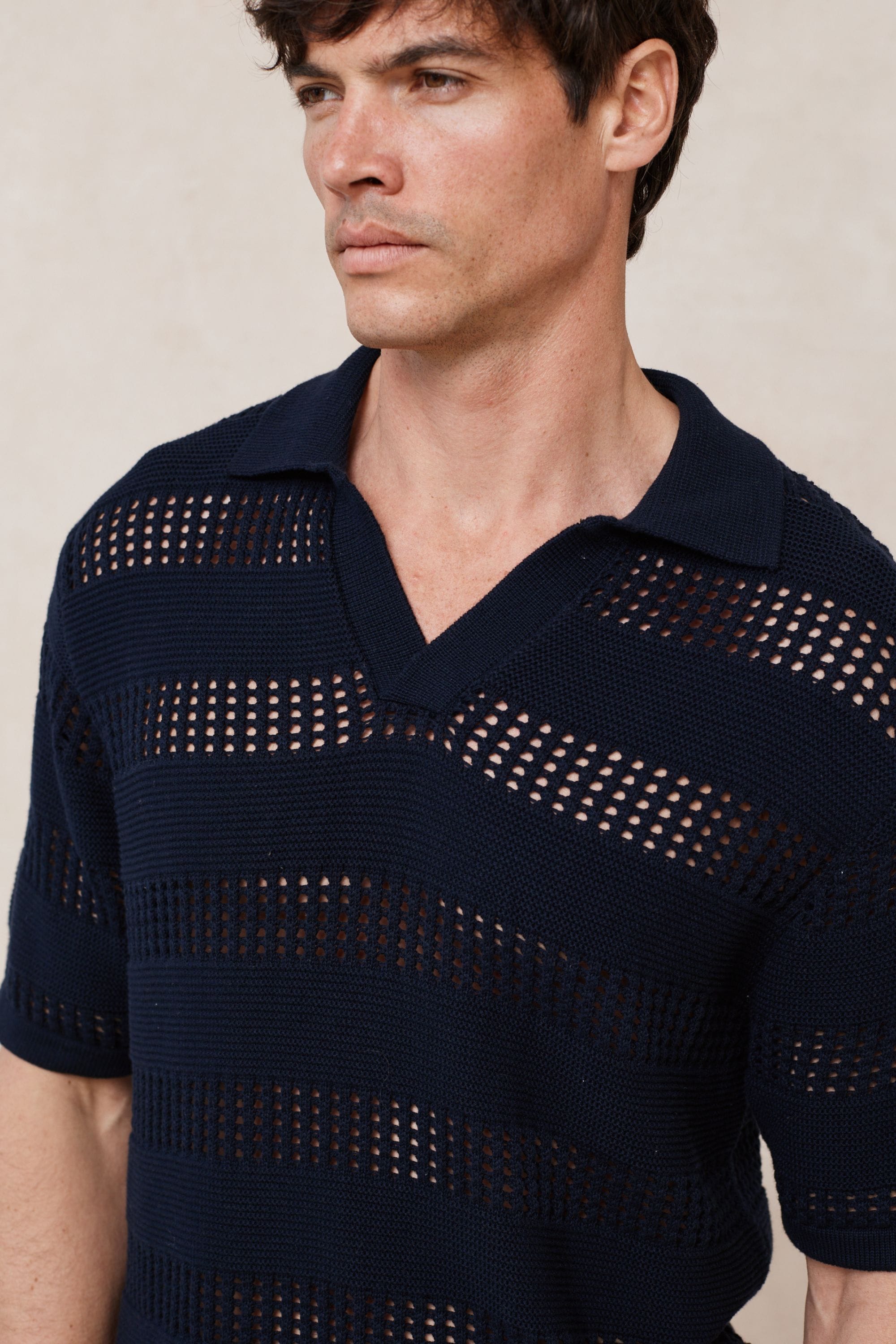 Frattina Crochet Cotton Knit Polo - Navy