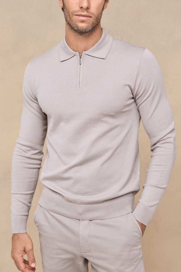 Knitted Long Sleeve Zip Polo Shirt - Warm Grey