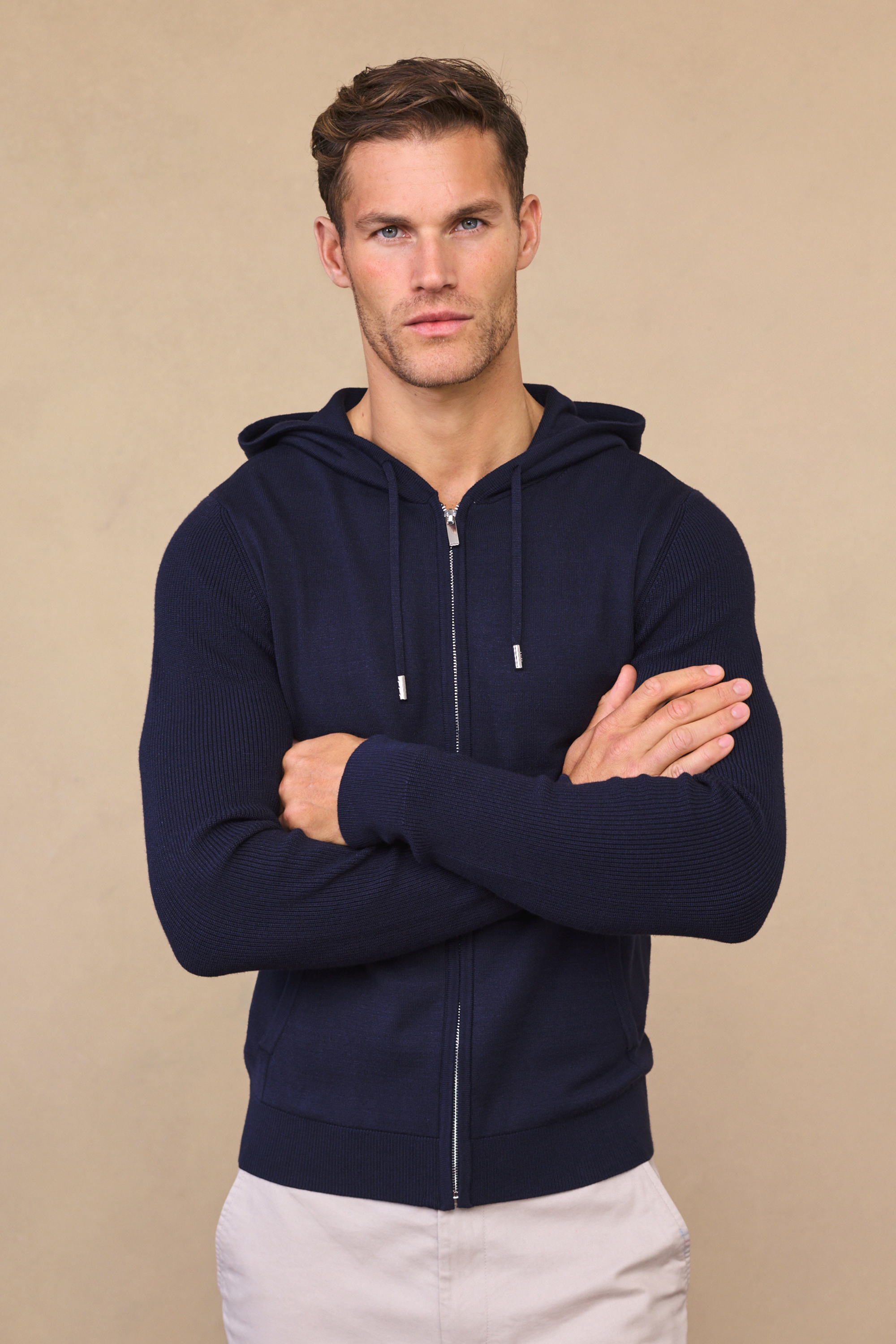 Nolan Knitted Zip Through Hoodie - Navy