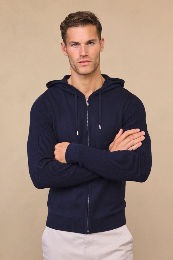 Nolan Knitted Zip Through Hoodie - Navy