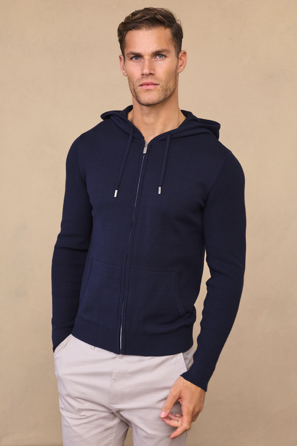 Nolan Knitted Zip Through Hoodie - Navy