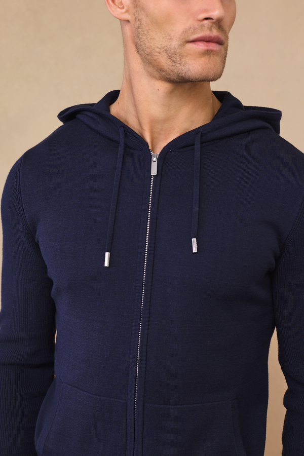 Nolan Knitted Zip Through Hoodie - Navy