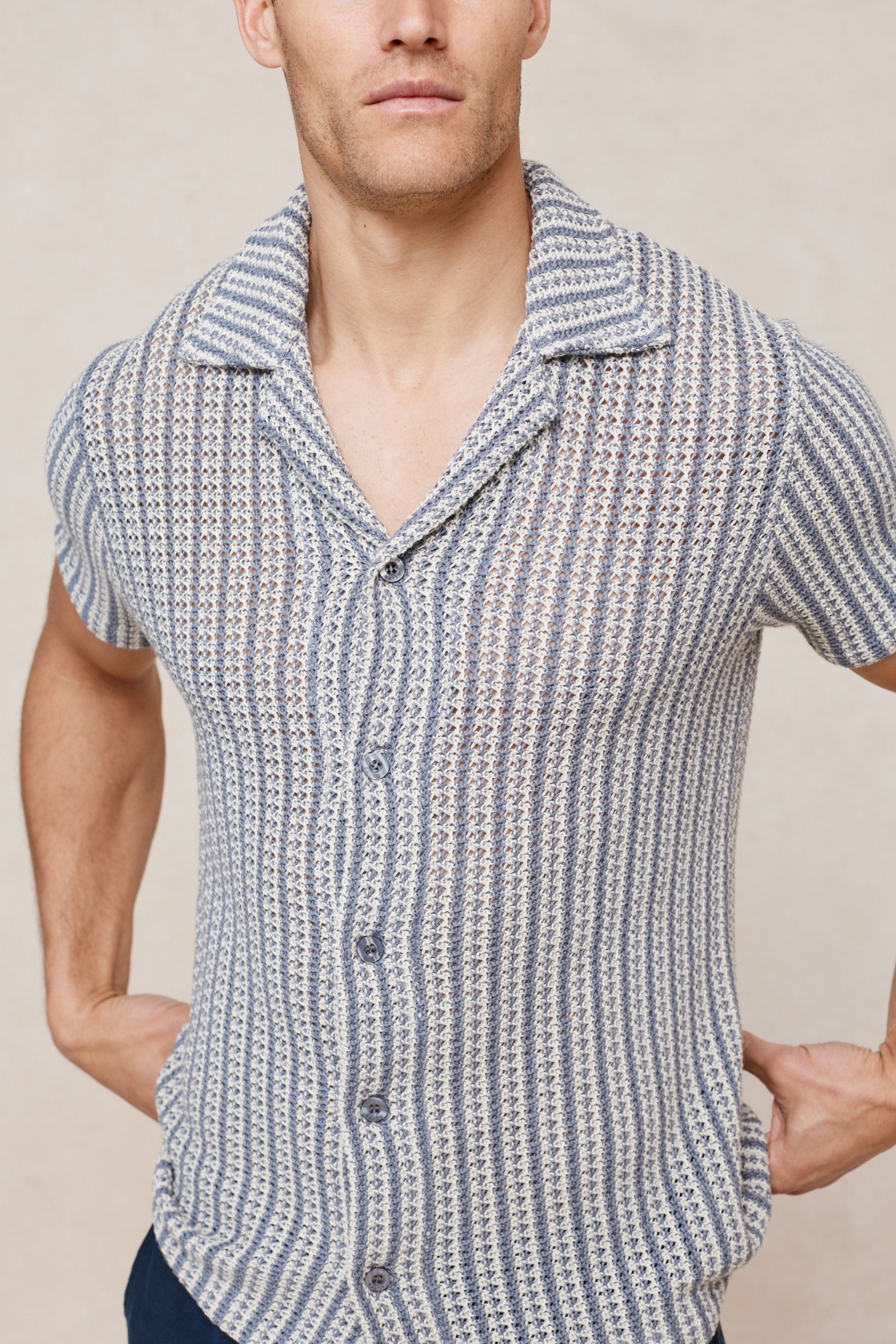 Salvador Knitted Camp Collar Shirt - Pale Blue/Ecru