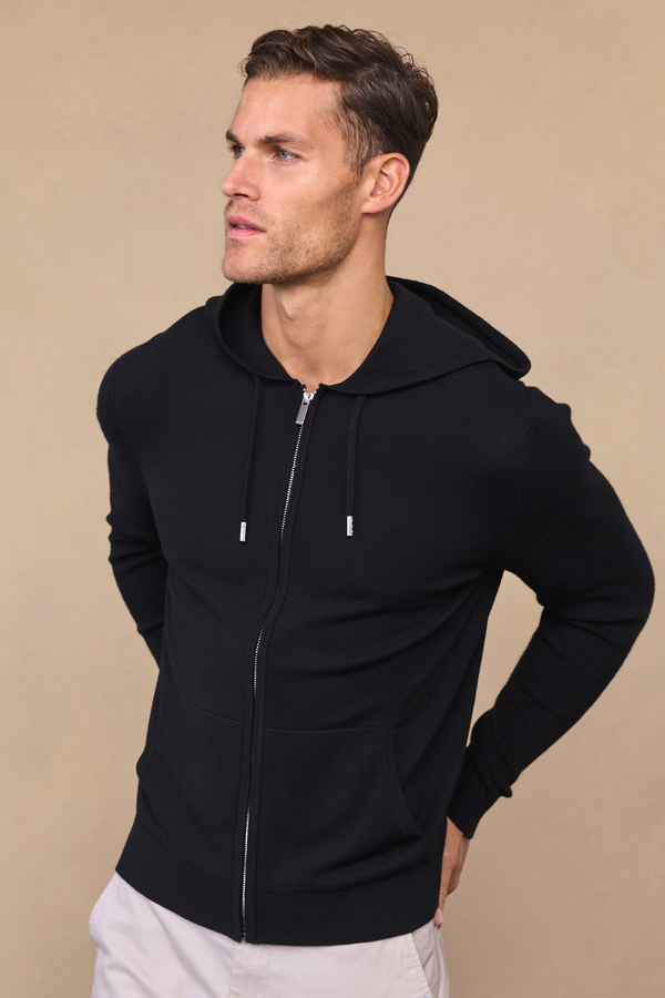 Nolan Knitted Zip Through Hoodie - Black