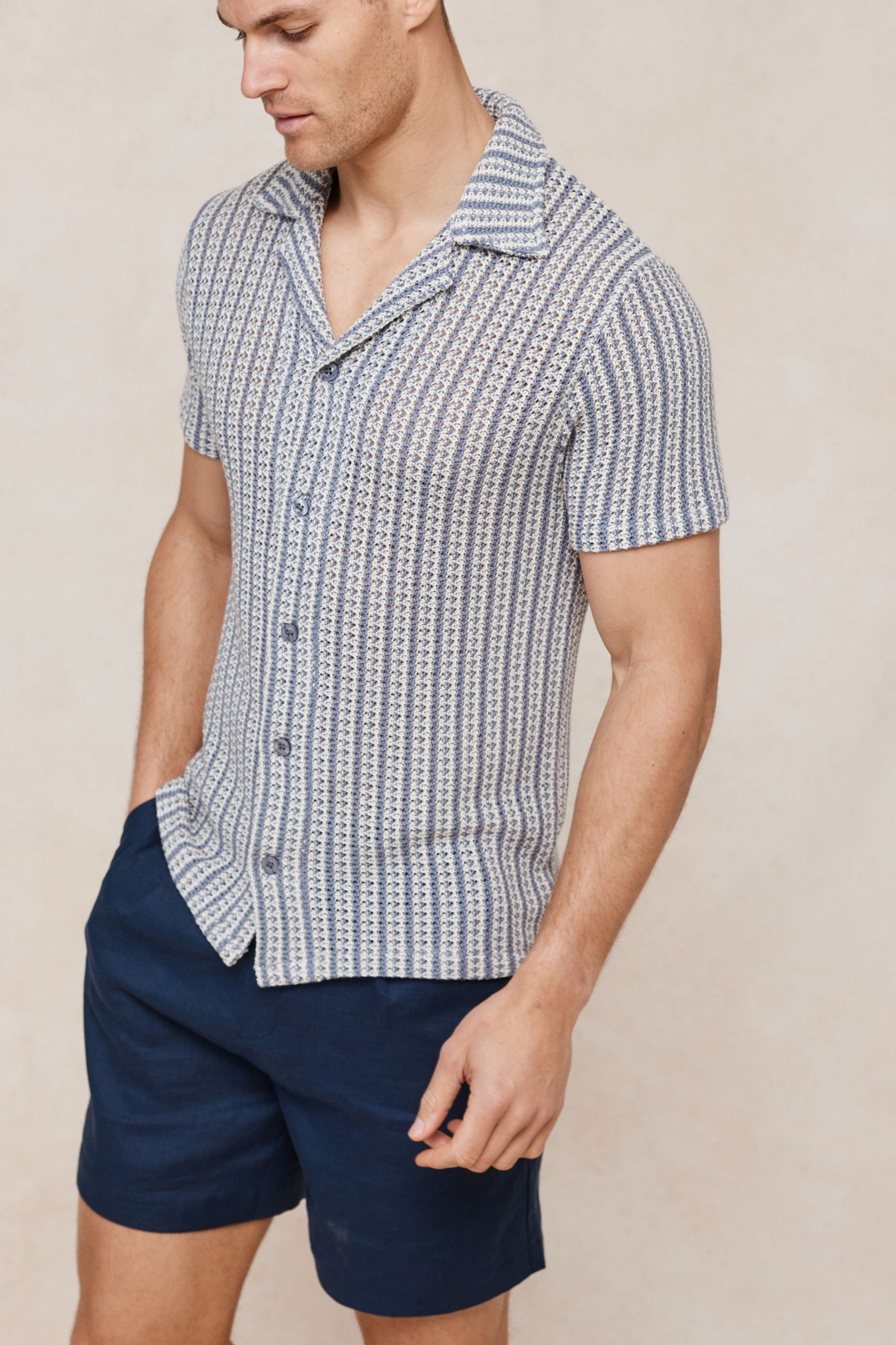Salvador Knitted Camp Collar Shirt - Pale Blue/Ecru