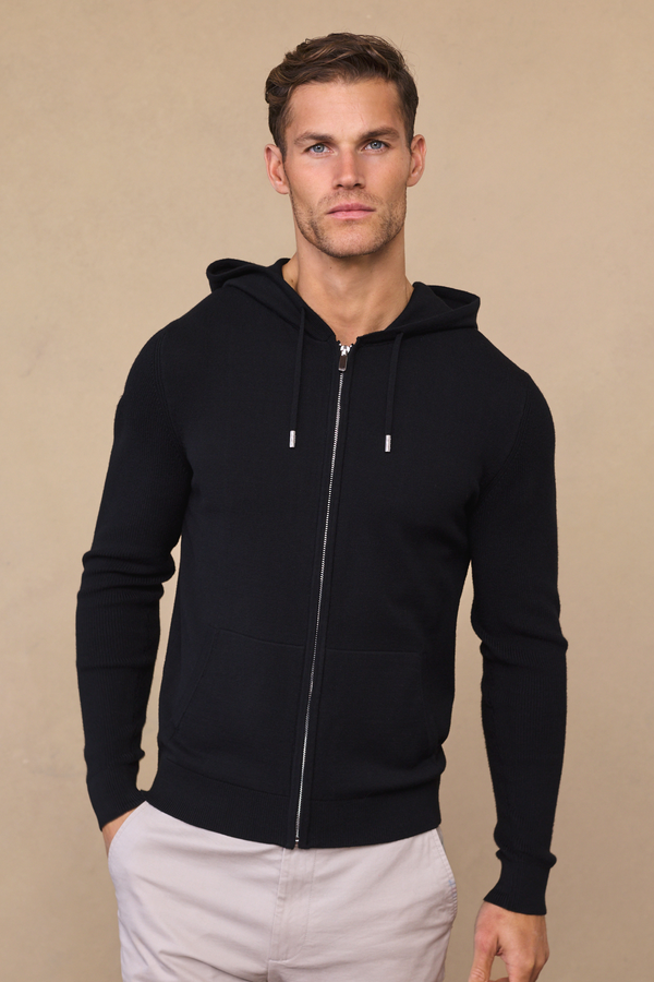Nolan Knitted Zip Through Hoodie - Black