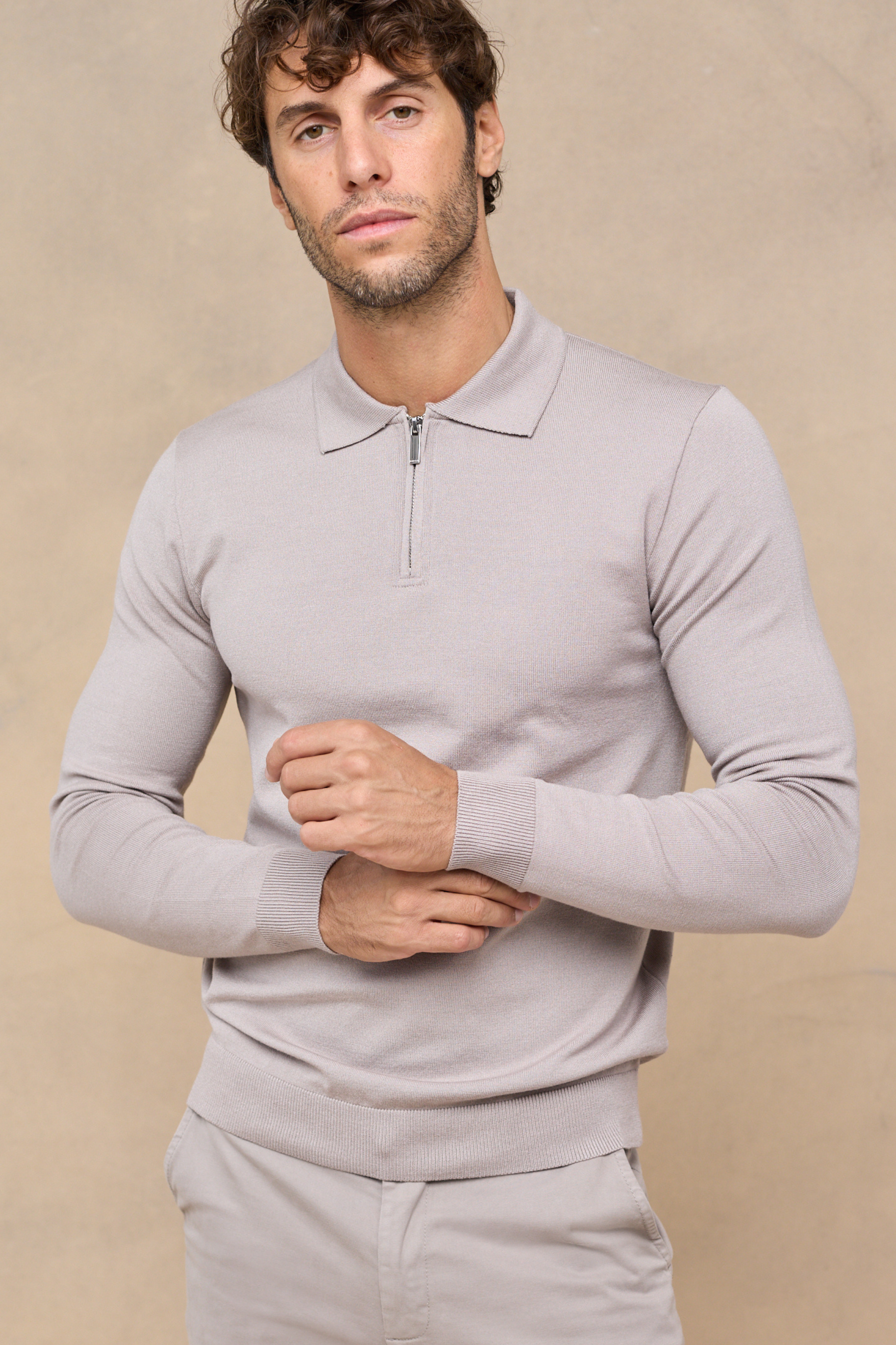 Knitted Long Sleeve Zip Polo Shirt - Warm Grey