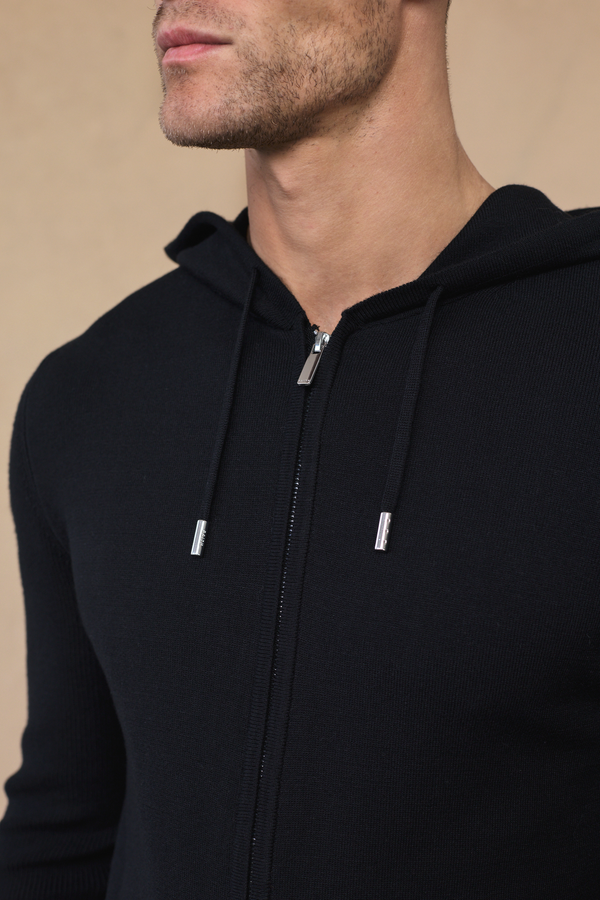 Nolan Knitted Zip Through Hoodie - Black