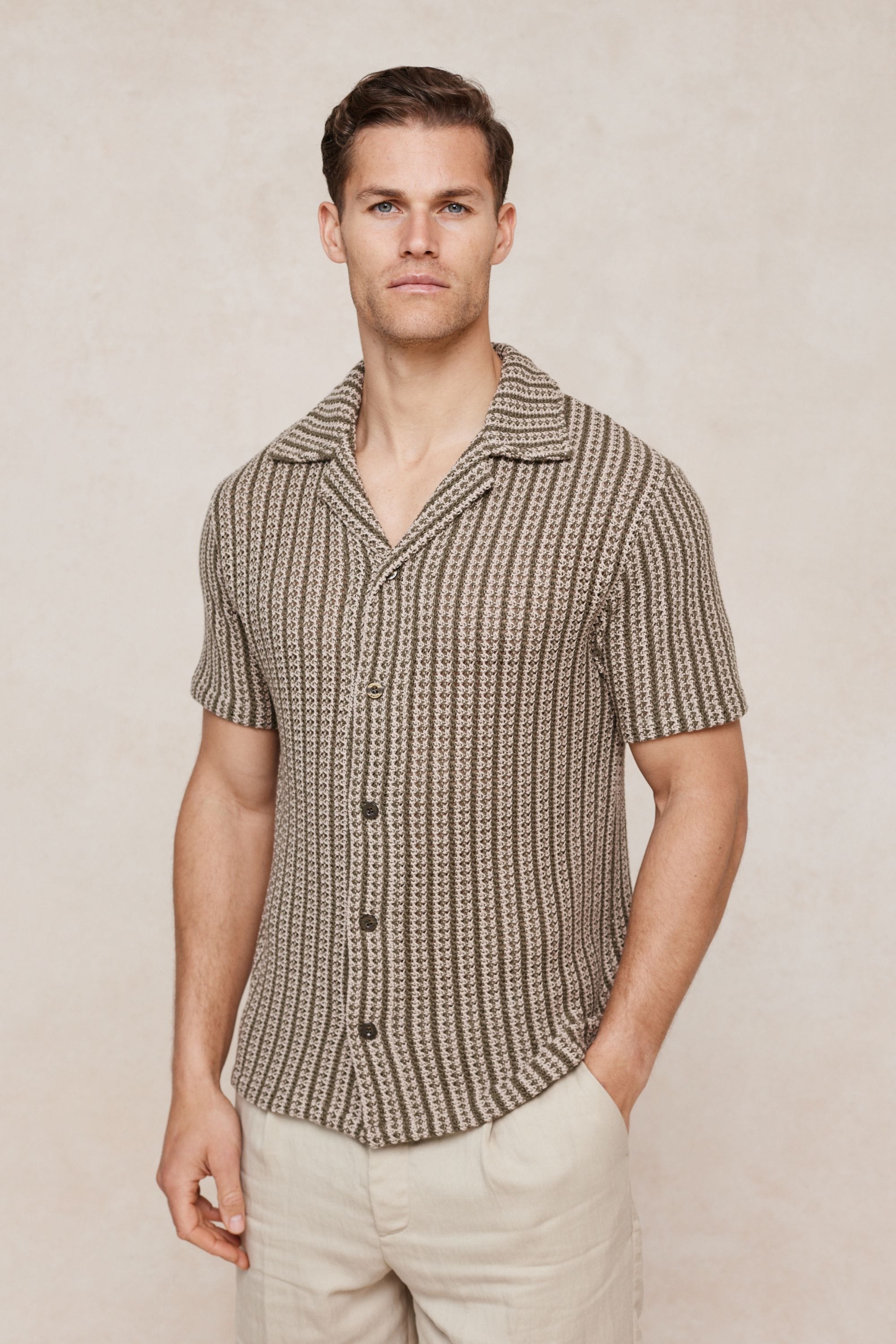 Salvador Knitted Camp Collar Shirt - Khaki/Sand